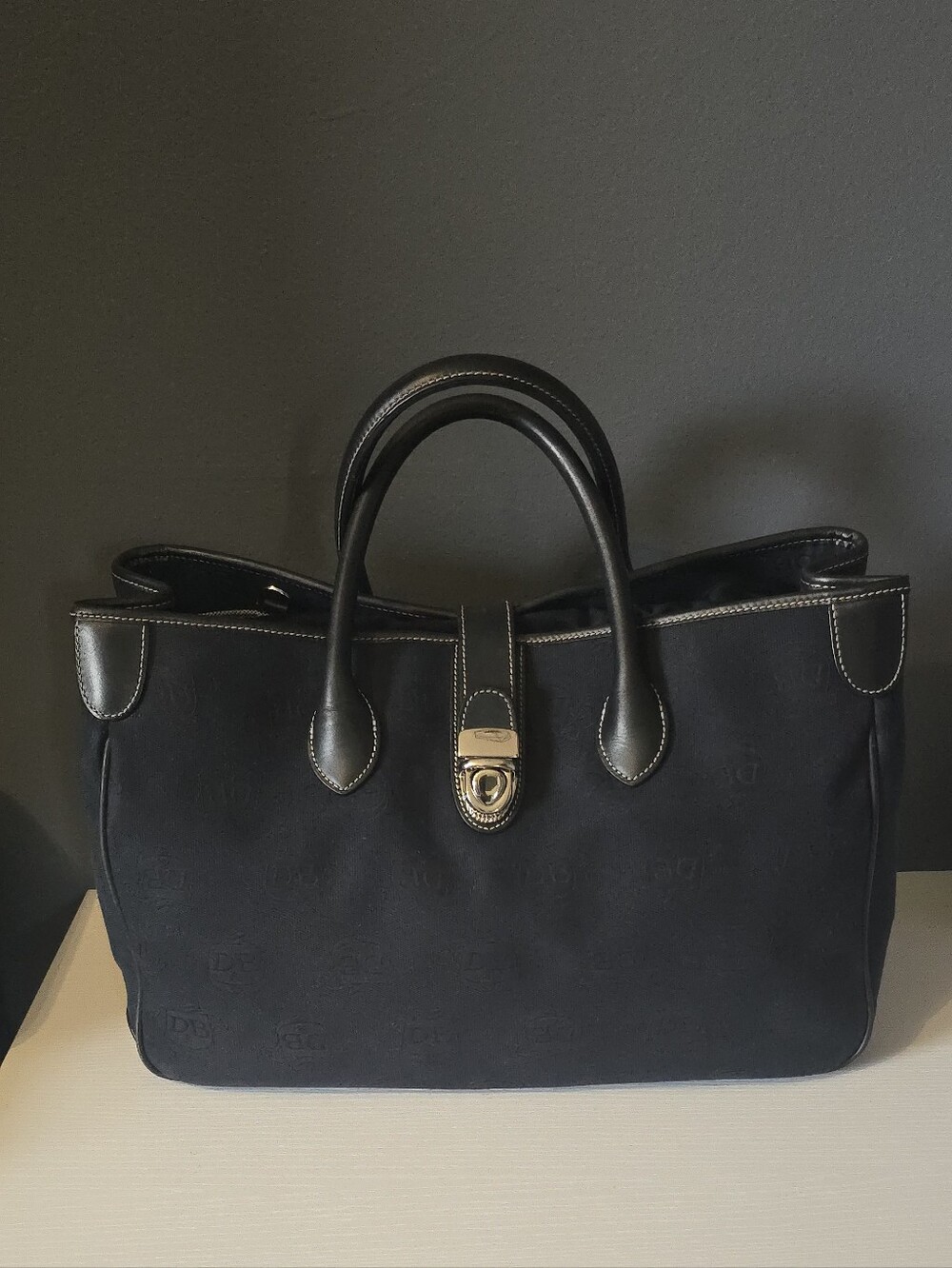 Dooney & Bourke Black DB Monogram Signature Canvas Double Handle Tote